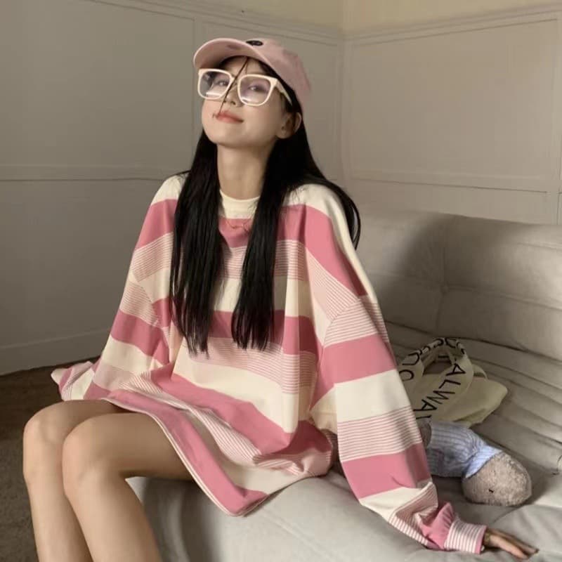 Oversize Pink Striped Long Sleeve Hoodie Women Loose Lazy Style Korean Version Autumn Hot Sale Of The Season Beautiful Small Top