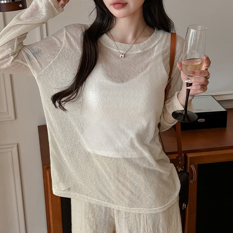 Thin Long-Sleeved T-Shirt for Women, Base Layer Top, 2026 Summer Air-Conditioning Cover-Up, Solid Color, Regular Shoulder, Sun Protection Tee Shirt