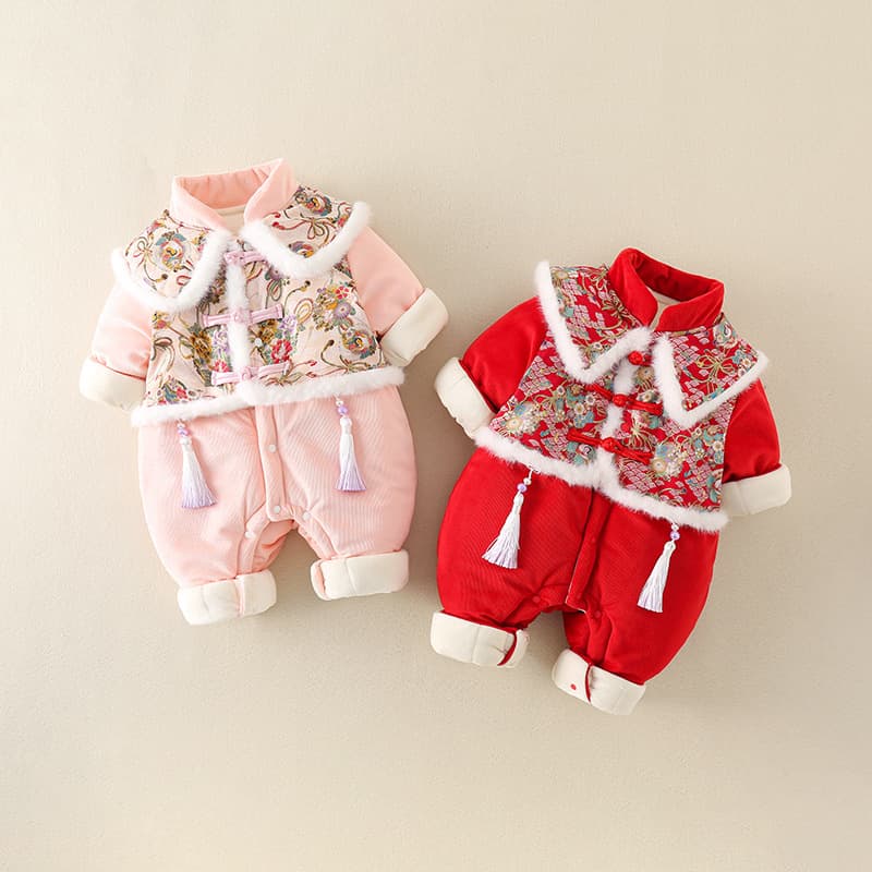 Baby winter clothing, New Year's clothing, baby's Chinese style New Year's greetings clothing, full moon and 100 days, lace collar, group crane color block jumpsuit