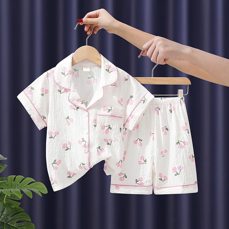 In Stock Factory Wholesale Crinkled Fabric Summer Short-Sleeve Shorts Kids Pajamas Brand Cartoon Homewear Lapel Bubble Cotton