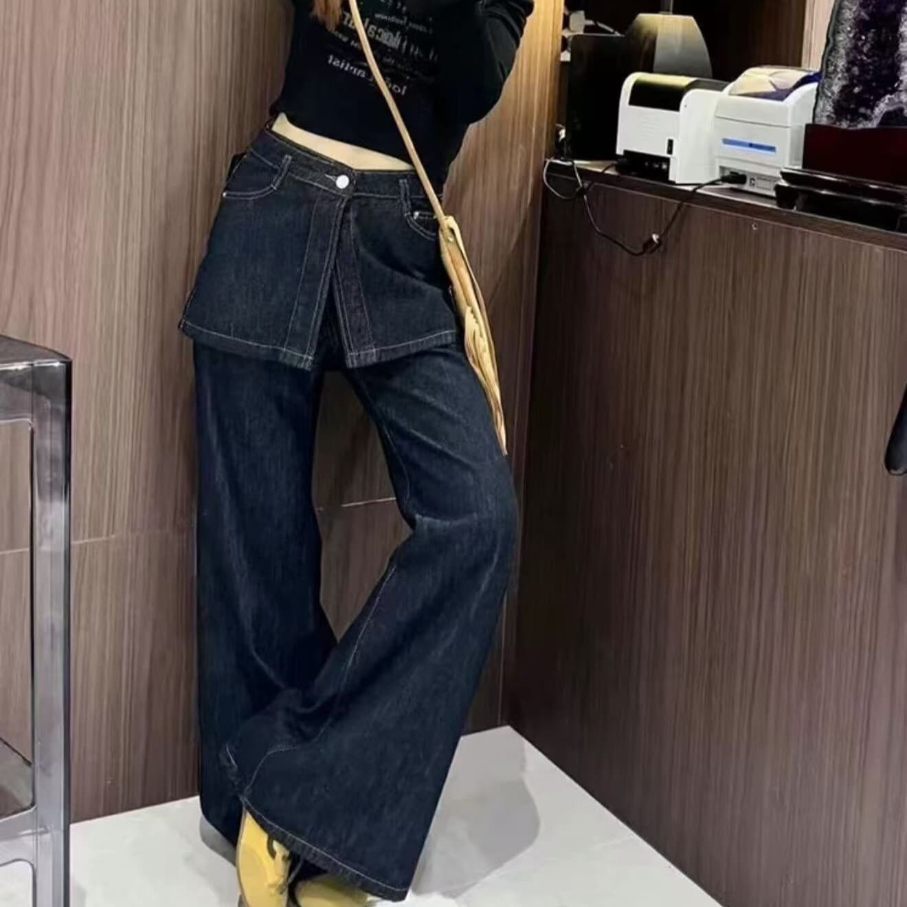 Fake two-piece spliced butt curtain jeans for women, spring and autumn design, lazy and loose, high-waisted, wide-leg pants
