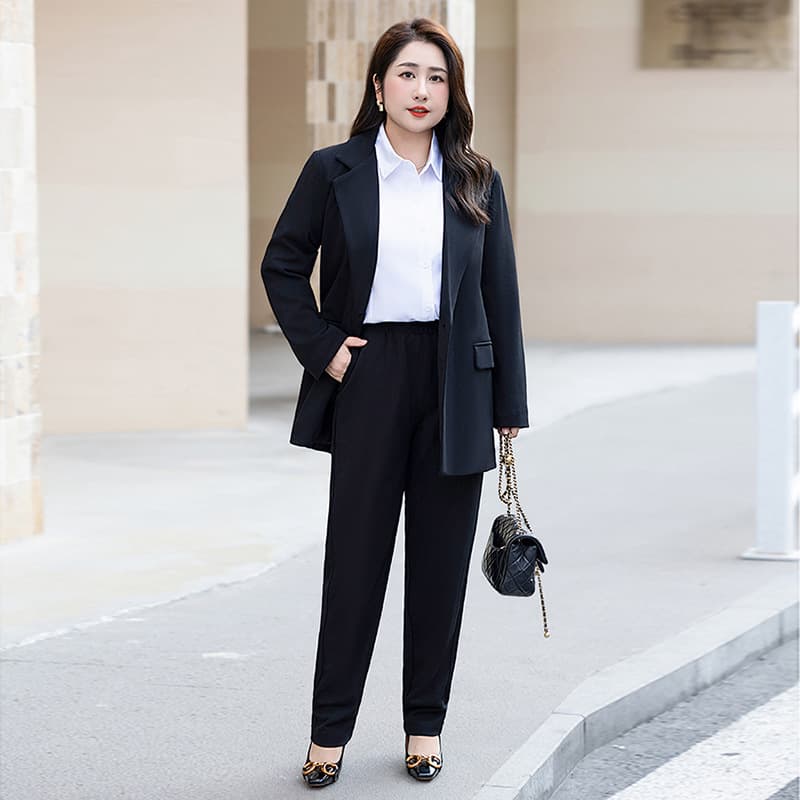 300/200 pounds curvy women's black casual professional suit set, Autumn/Winter professional elegant goddess workwear.