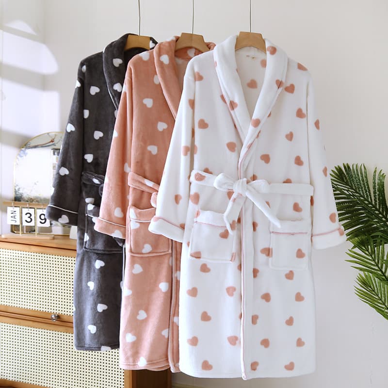 Autumn/Winter Couple Belted Robe, Women's Extended Length Flannel Fleece Loungewear, Men's Plus Size Coral Fleece Bathrobe