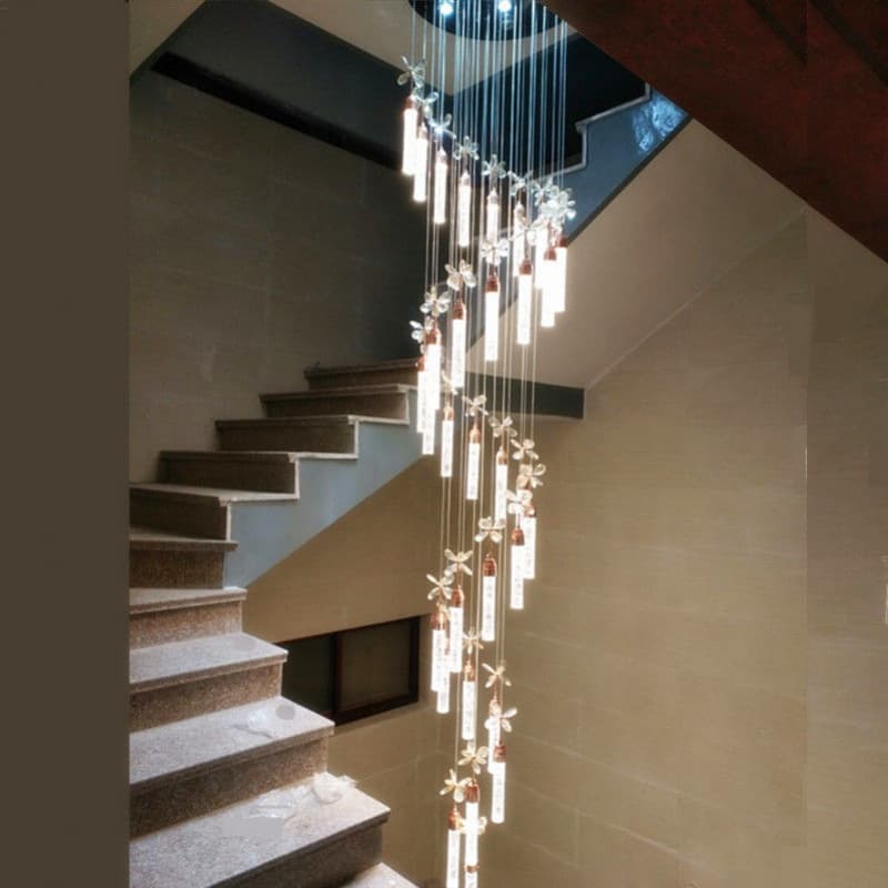 Duplex building villa stair chandelier rotating crystal long chandelier modern minimalist hall light luxury living room stairwell light
