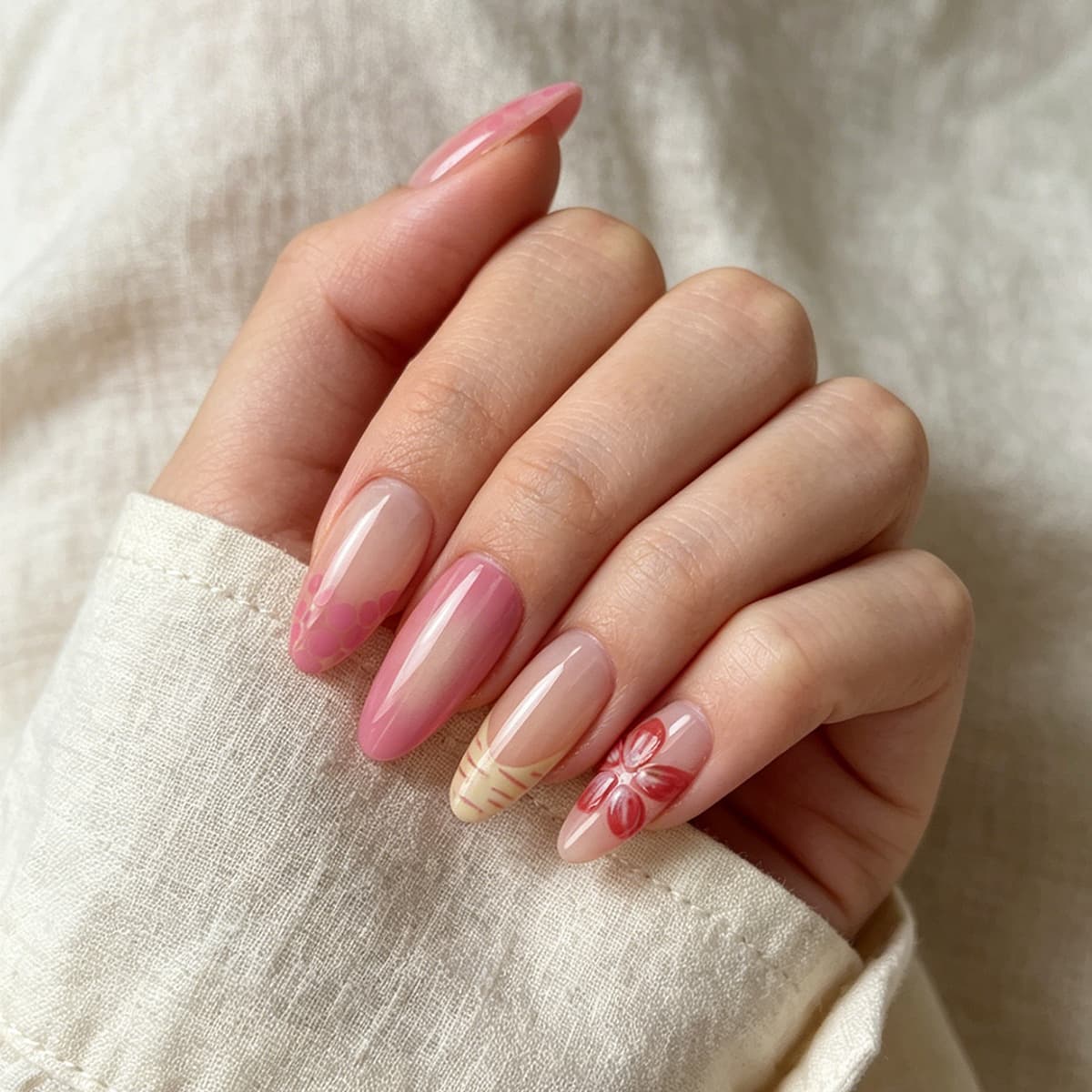Hot-Selling Wearable Nail Tips French Red Edge Floral Teardrop False Nails 24pcs Pure Desire Hot Girl Press-On Nails
