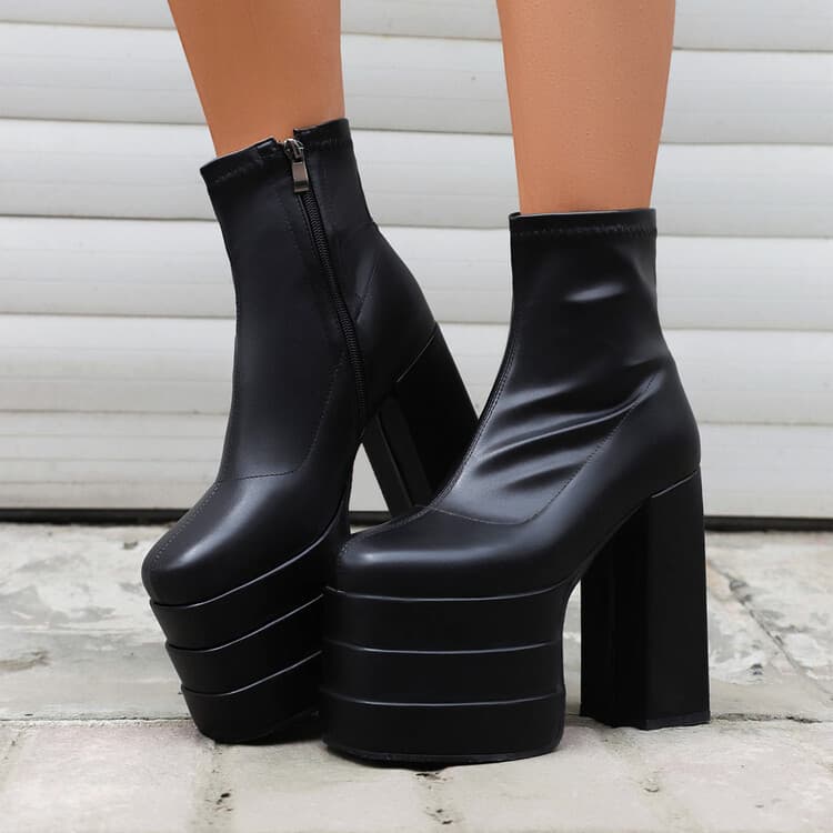 European-American Style Chunky Heel Mid-Calf Boots Women Thick Sole Platform Patent Leather Boots Short Boots for Export Plus Size