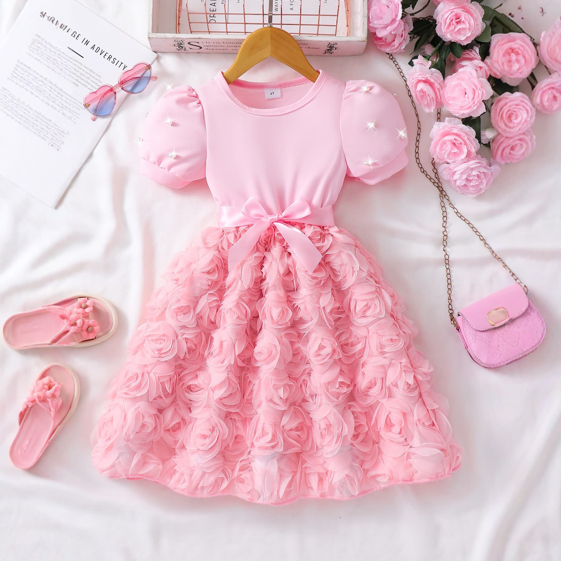 New Cross-Border Girls Princess Dress 3D Rose Dress Korean Short Sleeve Bow Children's Gown