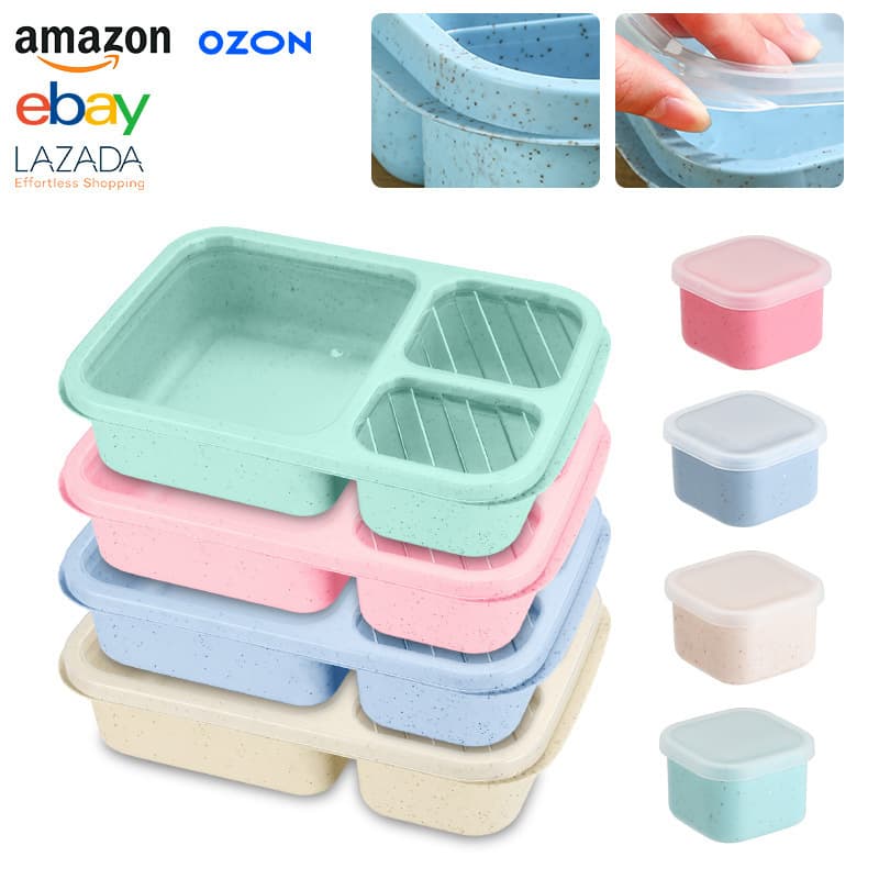 Cross-border wheat straw lunch box for office workers with lunch box for students three-compartment crisper box lunch box snack tray