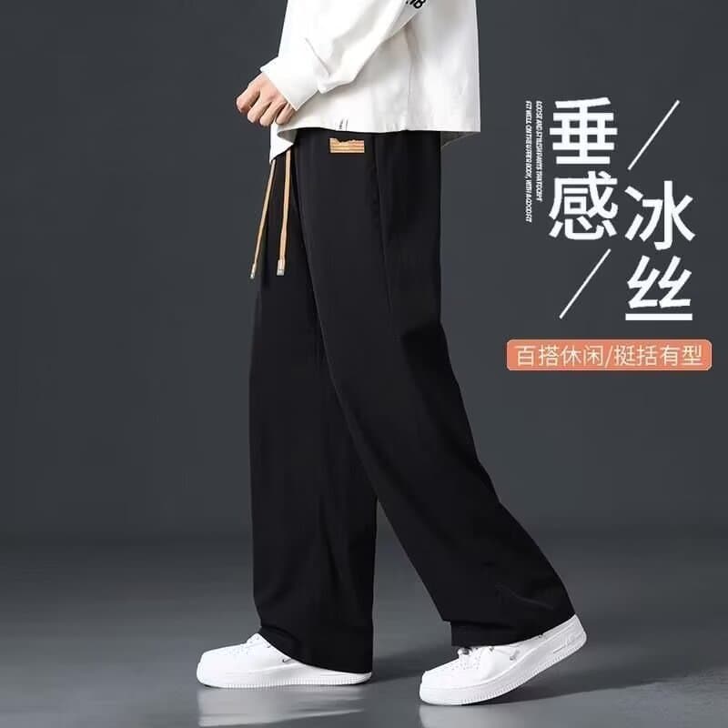 Summer New Ice Silk Men's Pants with Draping Effect, Loose Wide-Leg Straight Casual Long Pants, Hong Kong Style Trend