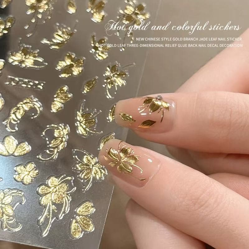 New Embossed Floral Nail Stickers Vintage Texture Gold Foil Hand-Painted 3D Gilded Flower Gold 3D Camellia