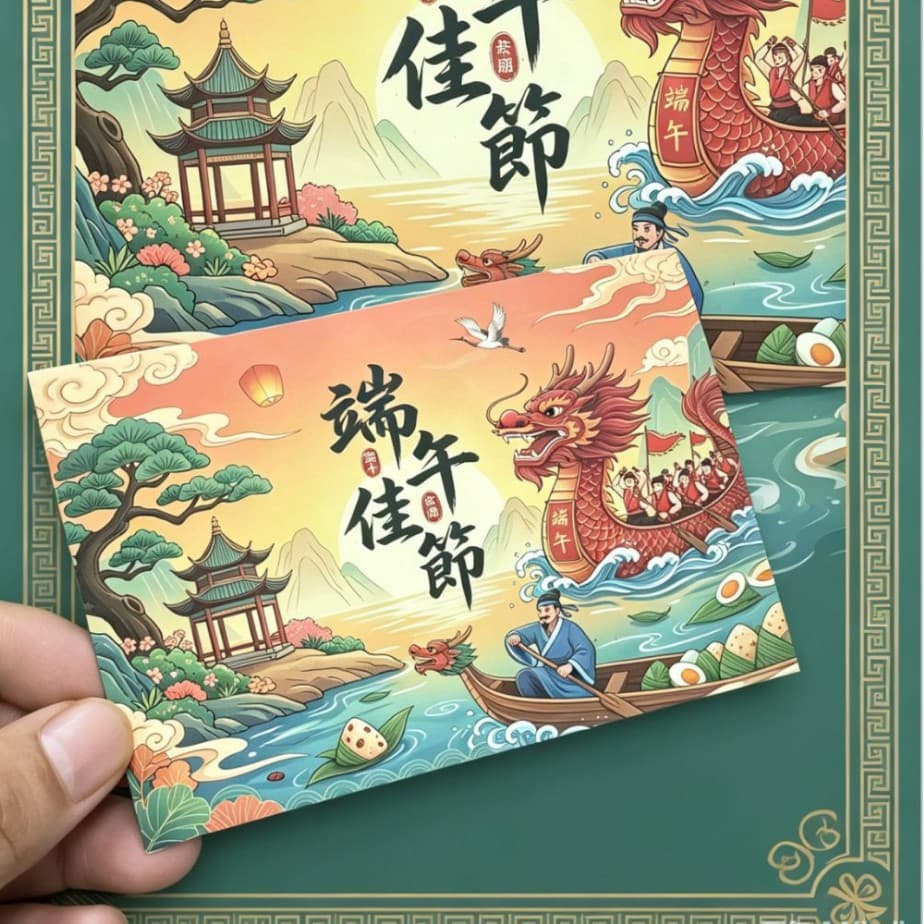 2026 Chinese Style Zongzi Festival Card, Dragon Boat Festival Well-Being and Blessing Greeting Card with Calligraphy, Dragon Boat Festival Gift Card