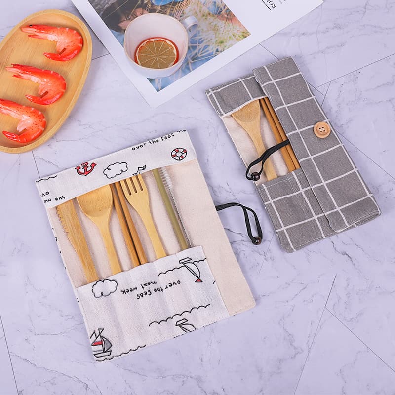 Western-style Bamboo Cutlery Set Portable Tableware Set Bamboo Knife Fork Spoon Storage Bag Student Outdoor Cutlery