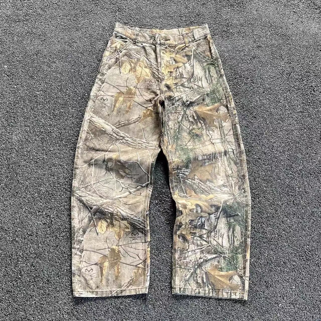 Europe and America Cross-border 2025 Vintage Cargo Pants All-Season Versatile Branch Camo Pants Washed Distressed Loose Casual Pants Men