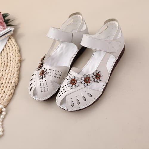 Sandals for women genuine leather mother shoes rubber sole spring and summer style peep-toe flower openwork Velcro anti-slip soft sole comfortable