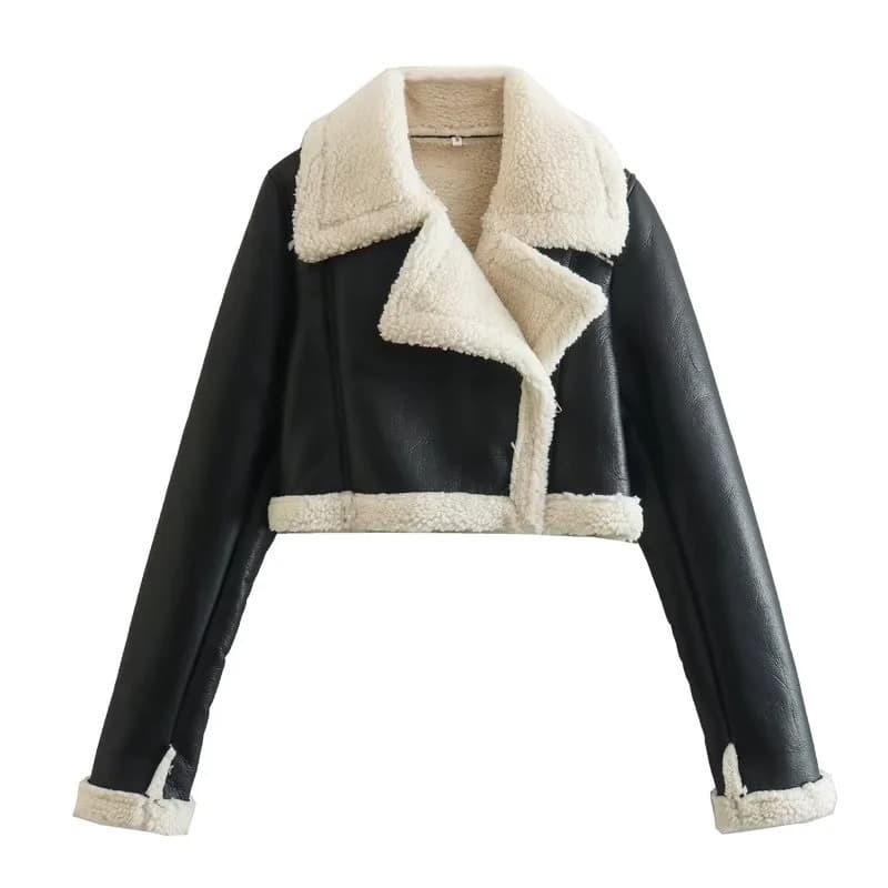 Export Order! Women's Faux Fur Lined Reversible Short Jacket with Lapel Collar 4341806