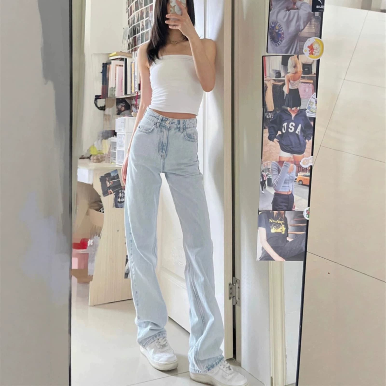 2026 Light Blue High-Waist Straight-Leg Jeans for Women, Spring/Autumn New Arrival, Loose Wide-Leg Simple Versatile Jeans