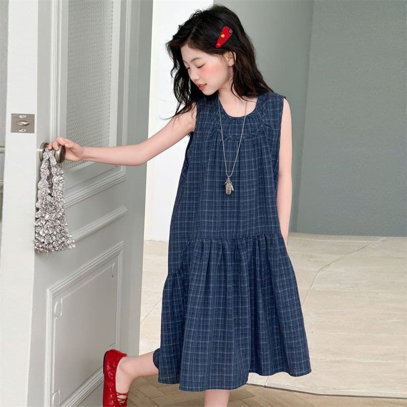 Girls Designer Plaid Dress Summer New Long Dress Kids Elegant Patchwork Sleeveless Vest Dress
