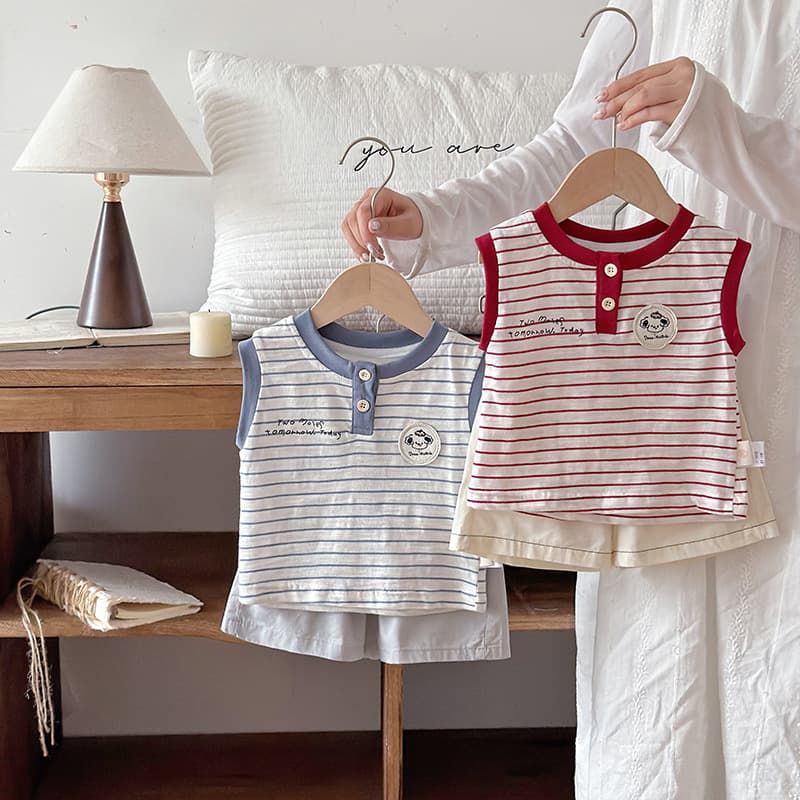 Boys summer striped short-sleeved suit, fashionable casual baby thin clothes, infant and children's clothing split two-piece suit