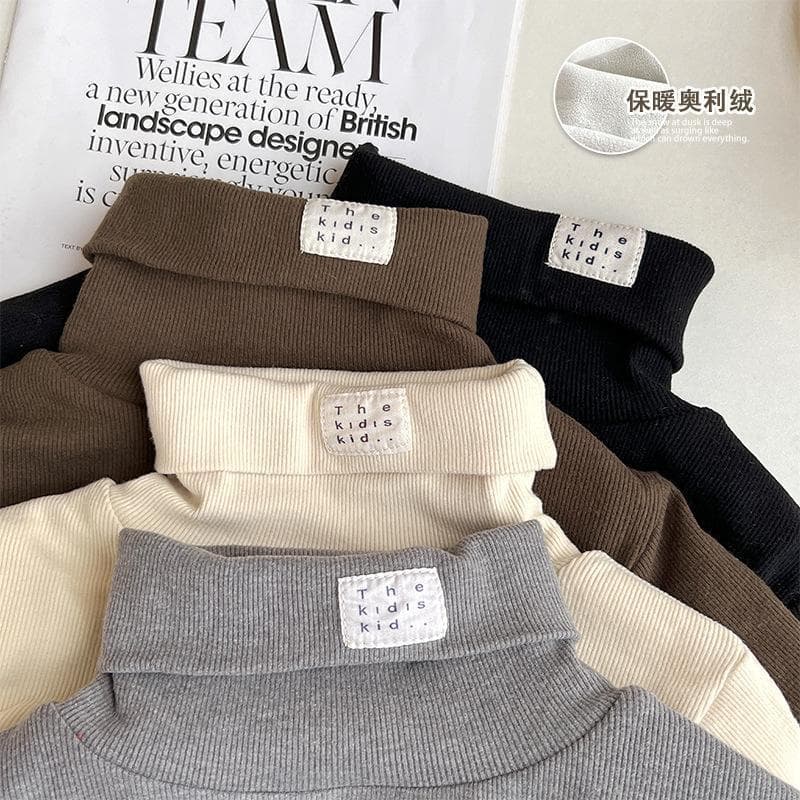 Korean style children's high-neck fleece-lined undershirt, autumn and winter style, trendy girls' warm long-sleeved shirt with label