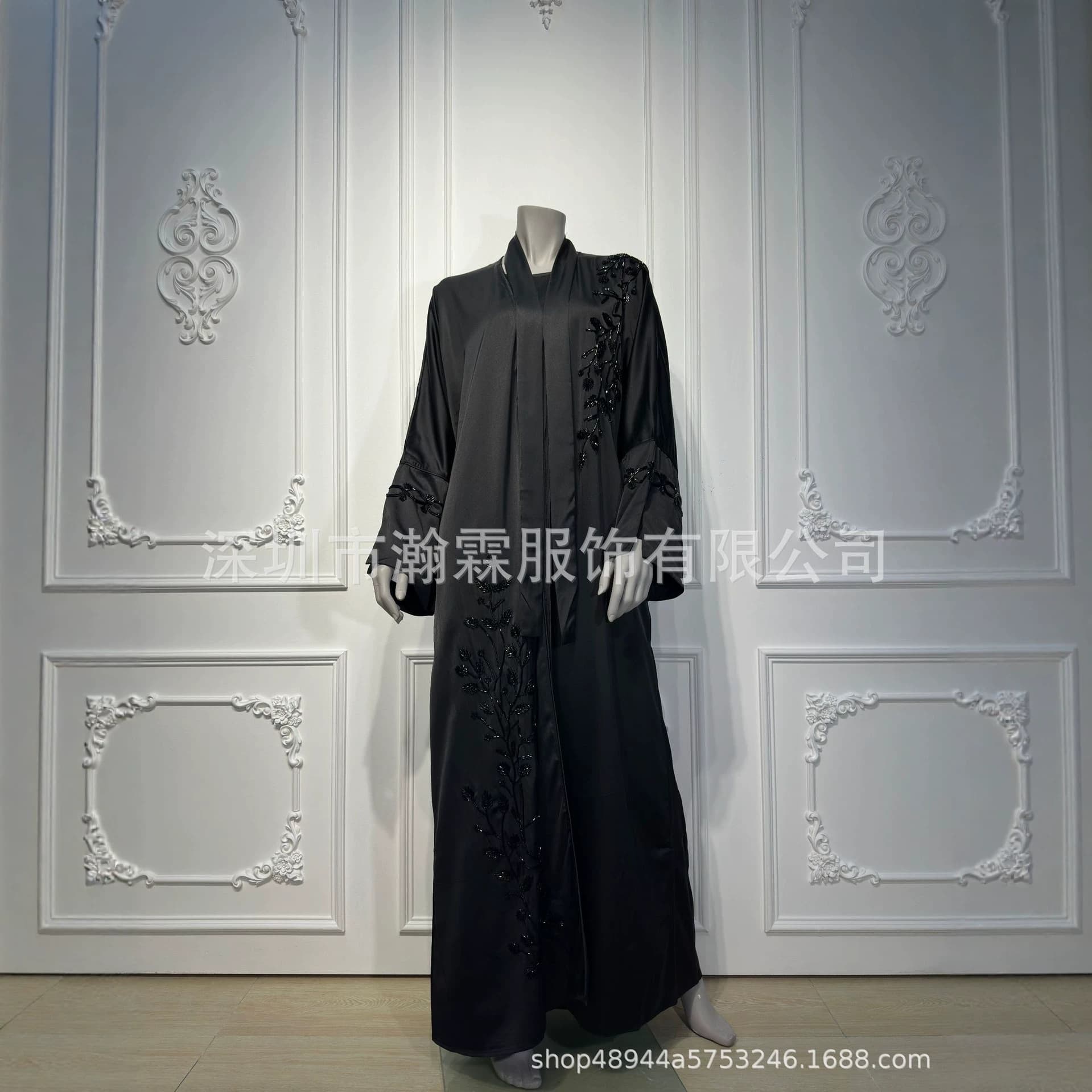 NK032 Heavy-Duty Hand-Sequined Long Robe Cardigan Three-Piece Set, In Stock, Lace-Trimmed Coat, Evening Gown, Plus Size Women's Wear