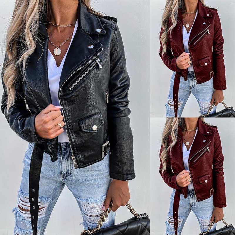 wish foreign trade women's new 2026 spring and autumn European and American fashion jacket top PU leather jacket motorcycle short style