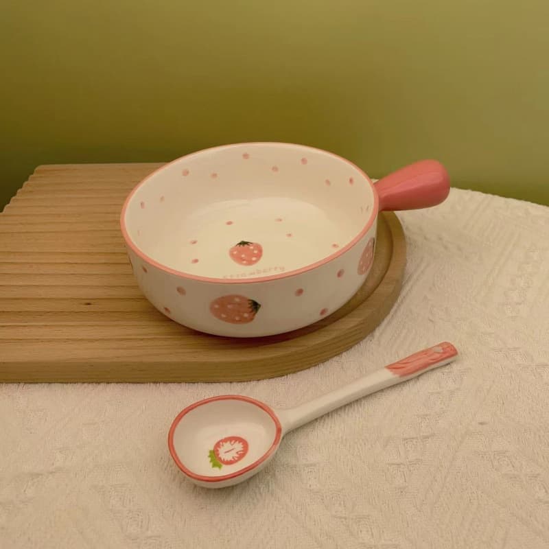 Ceramic Two-Piece Set (Handle Bowl + Handle Plate) High-Temperature Underglaze Pink Strawberry Set