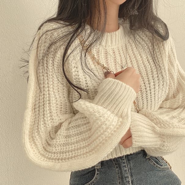 Korean Style Youthful Pink Bubble Sleeve Soft Knit Sweater for Women Autumn Winter Fashionable Oversized Pullover Top