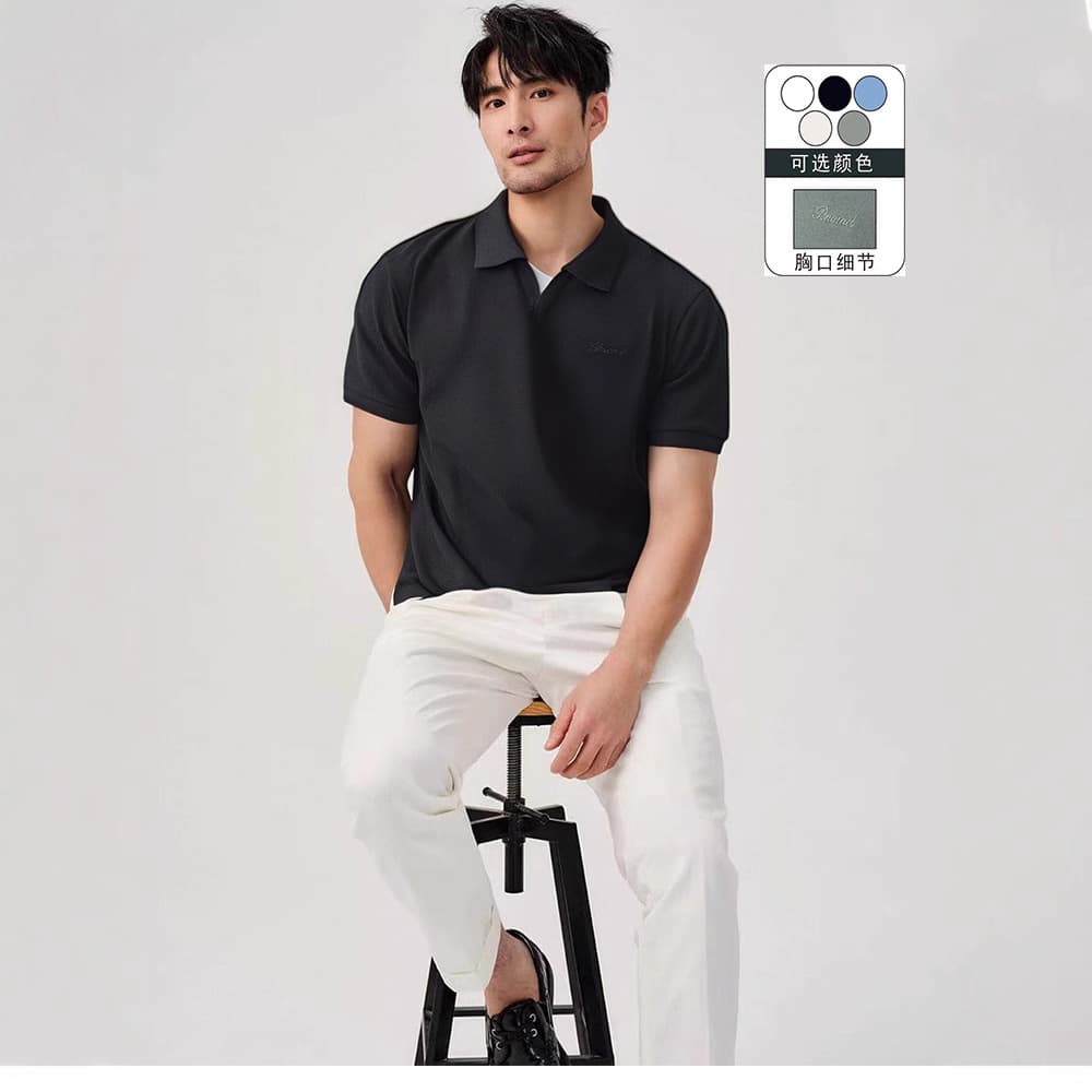 Business American Seagull Collar Short Sleeve T-Shirt Men's Casual Turn-Down Lapel Versatile Embroidered Slim Fit Polo Shirt Men's Fashion