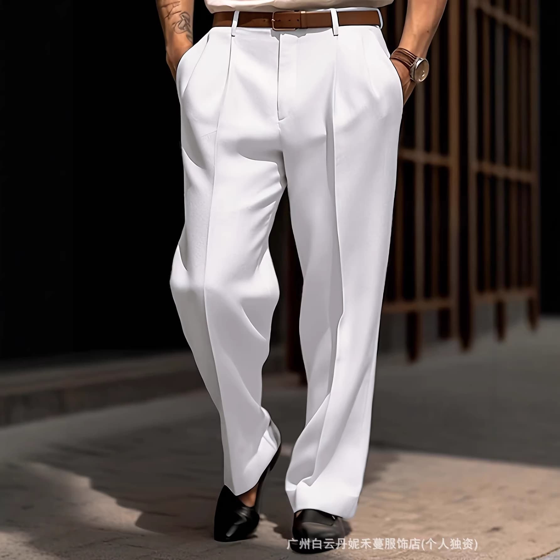 European and American light mature style high waist double pleated white wide leg trousers men's business casual trousers cross-border foreign trade dropshipping
