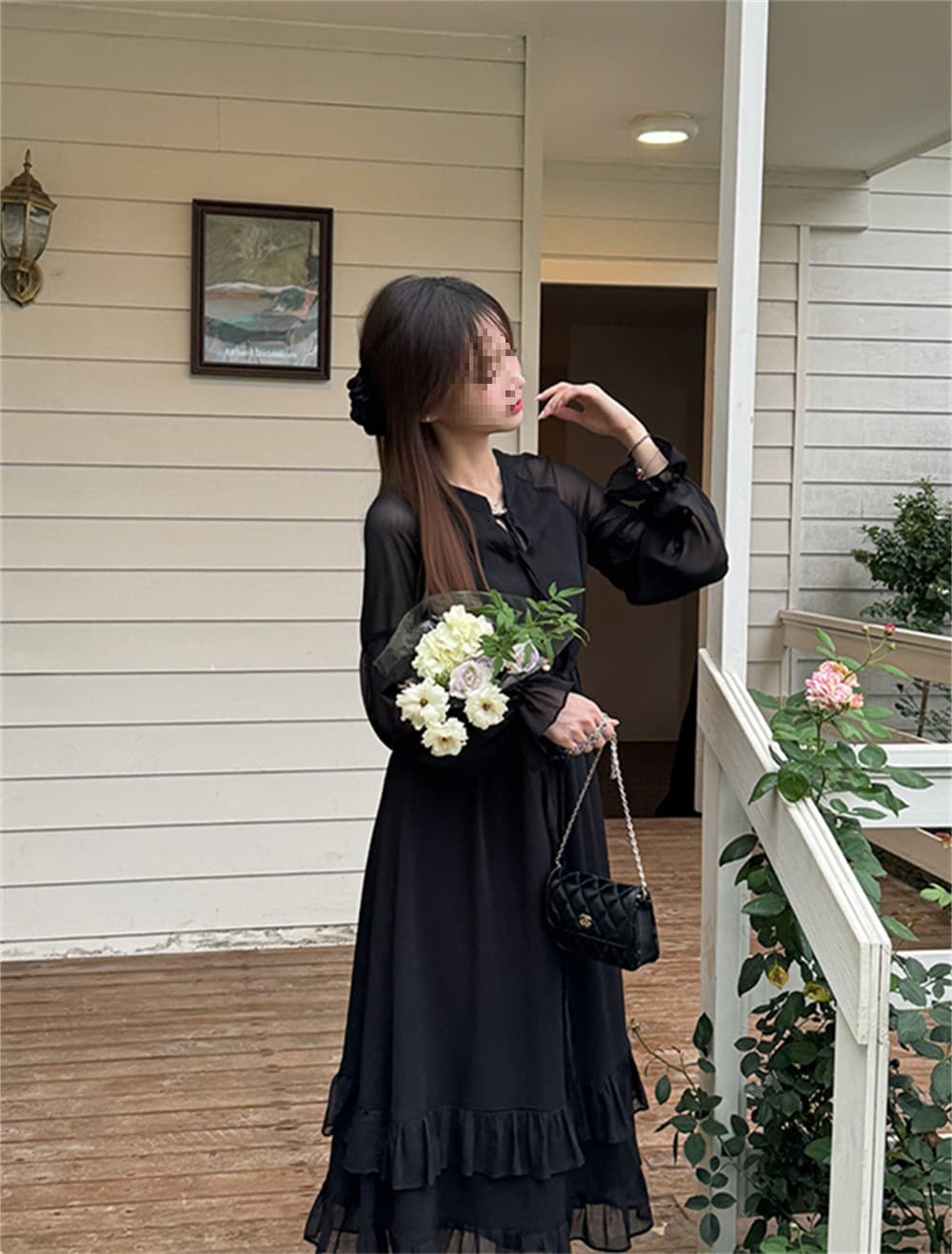French Vintage Pastoral Style Mutton Sleeve Heavy Craft Flared Dress for Women Autumn Winter Retro Slim Fit Ankle-Length Dress