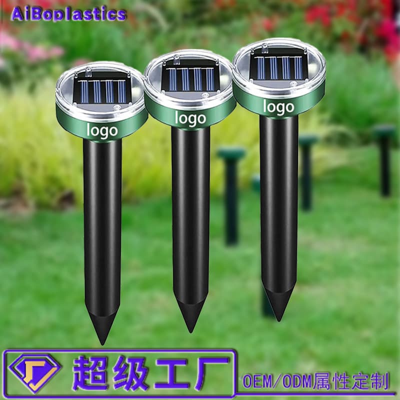 Solar-powered rodent repeller with custom logo, instruction manual, and packaging; solar-powered snake repeller; ultrasonic repeller.