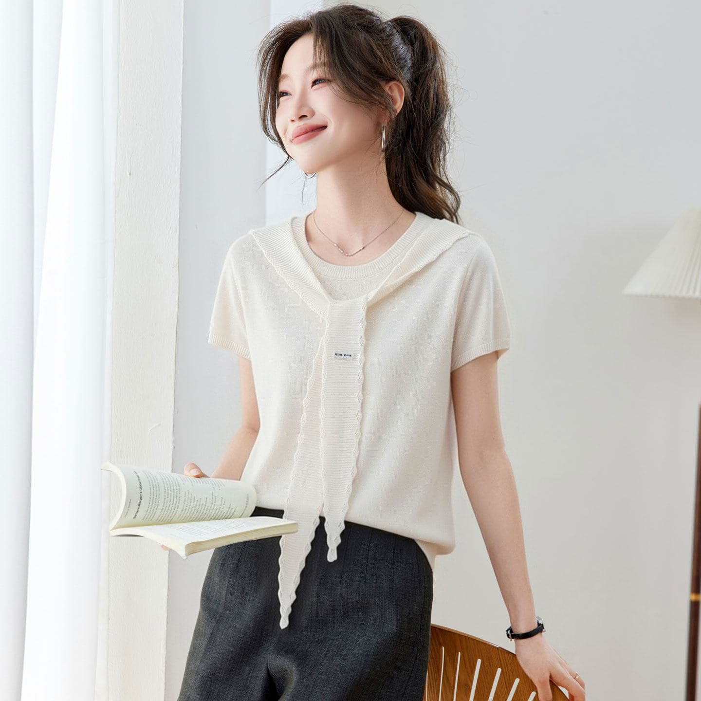 Round Neck Ice Silk Knit Short-Sleeve T-Shirt for Women, 2026 Summer New Style, Faux Two-Piece Shawl, Beautiful Thin Top for Young Women