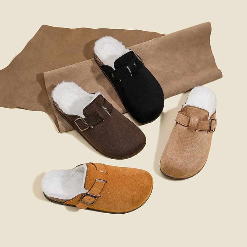 Cross-border Winter Birkenstock-style Lazy Toe-covered Half Slippers Cotton Shoes Retro Casual Women's Shoes