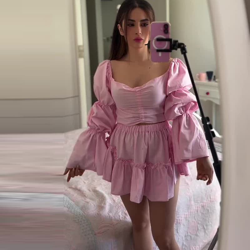 2025 Autumn New Women's Fashion European and American Amazon Cross-border Trade Patchwork Pink Pleated Long Sleeve Short Skirt Two-Piece Set