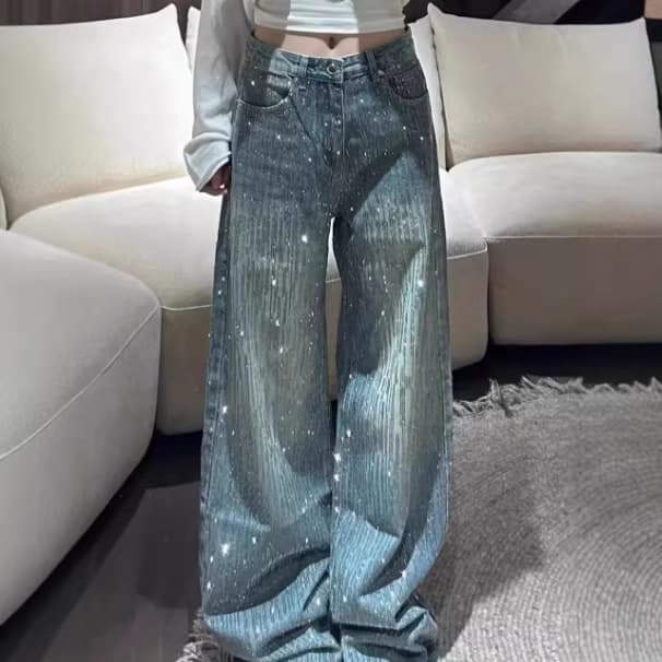 Retro Starry Rhinestone Patchwork Jeans for Women 2025 Autumn Hot Girl Sparkling Slimming Flowy Straight-Leg Long Pants