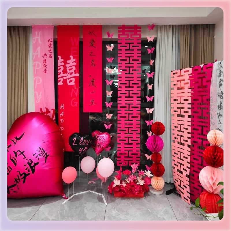 ✅ Wedding Room Layout Set, Wedding Decoration, Curtains, Hanging Cloth, Flower Arrangement, New House, Bedroom, Living Room, Man and Woman, Baixi