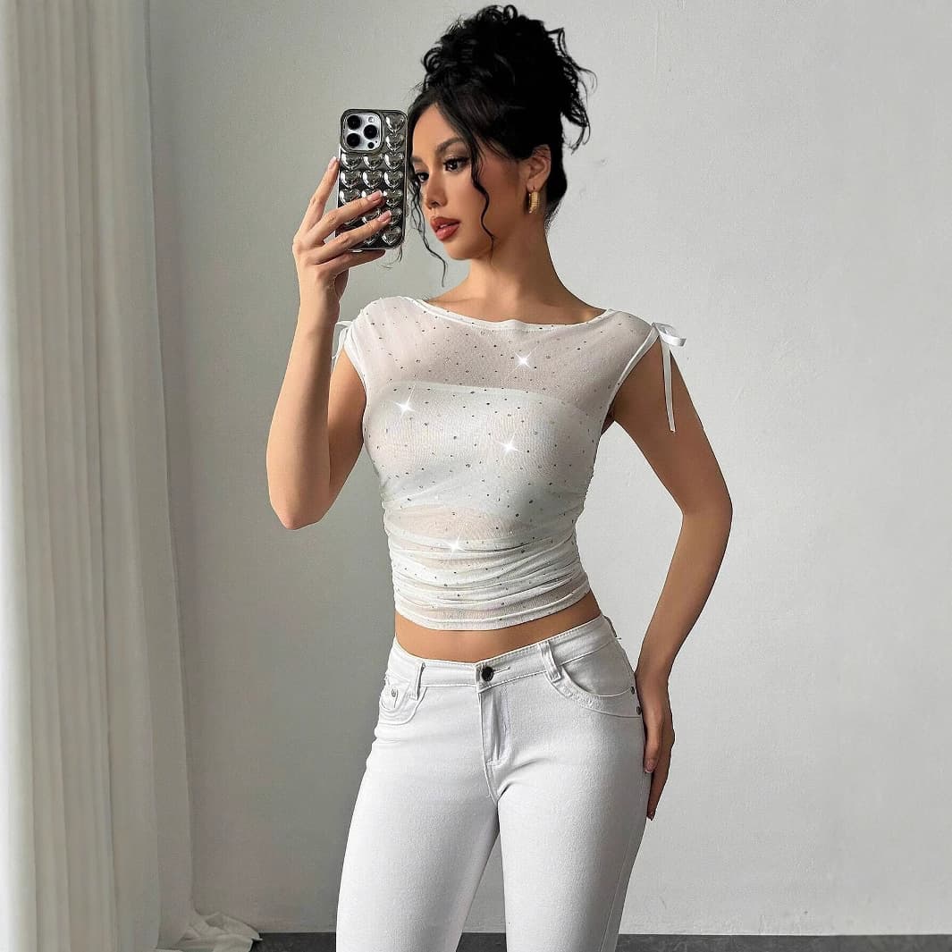 EU/US Cross-border Amazon TK2026 Summer New Women's Sequin Mesh Off-Shoulder Bow Ruched T-Shirt Top