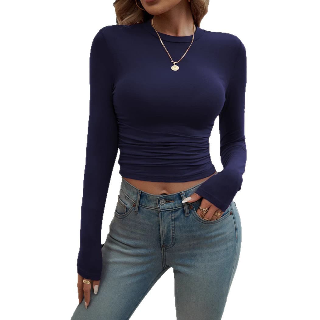 2025 Fall/Winter New Amazon Cross-border Round Neck T-Shirt Long Sleeve Top Elegant Slim Fit Solid Color Base Layer Women