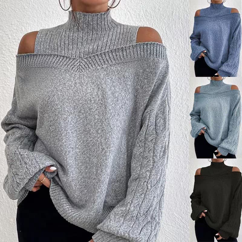 2023 Autumn/Winter New Off-Shoulder Half Polo/Turtleneck Sweater Women's Loose Fit Plus Size Cross-Border Knit Top