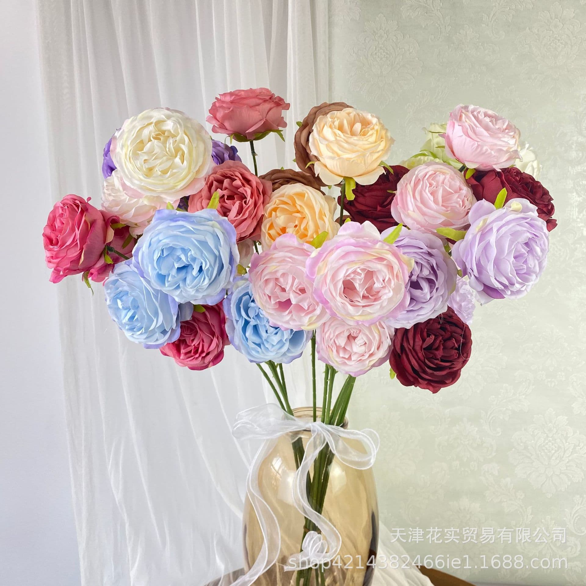 3-Head Oil Painting Peony Artificial Flowers Wedding Hall Hotel Decoration Ground Row Flower Wall Fake Flowers Factory Wholesale