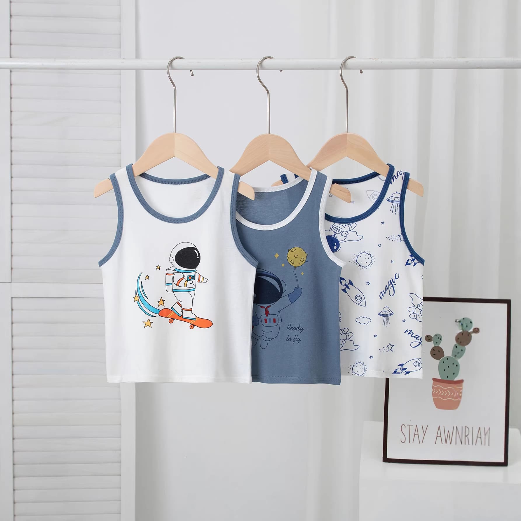 Boys' pure cotton vest, children's cartoon vest bottoming shirt, cotton close-fitting inner wear, little boy's sleeveless pajamas, thin style