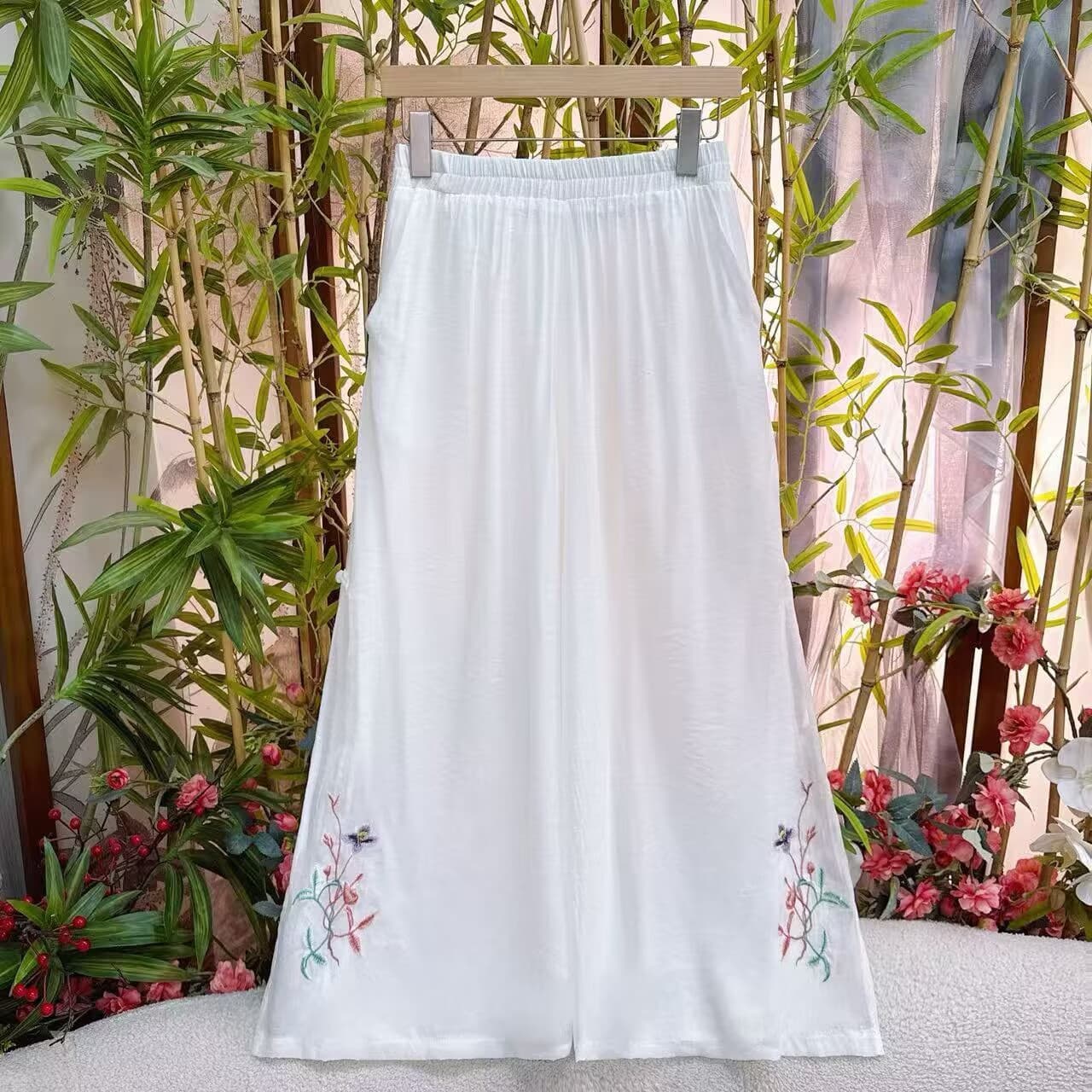 Literary retro silk and linen wide-leg pants for women, embroidered elastic waist, loose casual pants, trousers, thin style, elegant pants, thin style