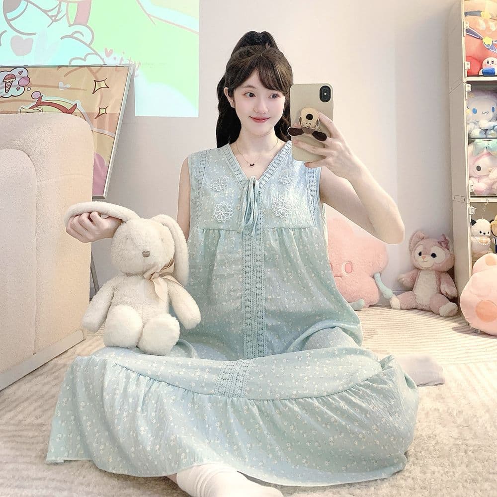 Vintage Floral Nightgown for Women Summer Thin Built-in Bra Sleeveless Cloud Cotton Plus Size Sleepwear Home Wear-Out