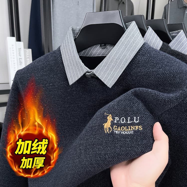 One-Piece Fleece Embroidered Two-in-One Shirt Collar Sweater, Men's Winter New Fleece-Lined Thickened Warm Collar Knit Base Layer