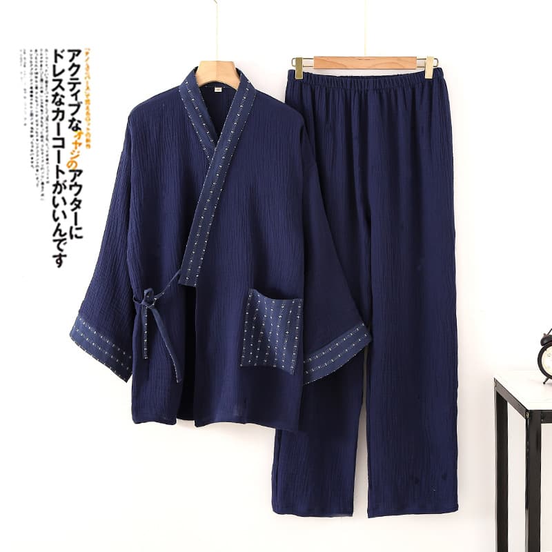 Japanese men's kimono cotton gauze pajamas spring and autumn cotton crepe 200kg plus size home suit