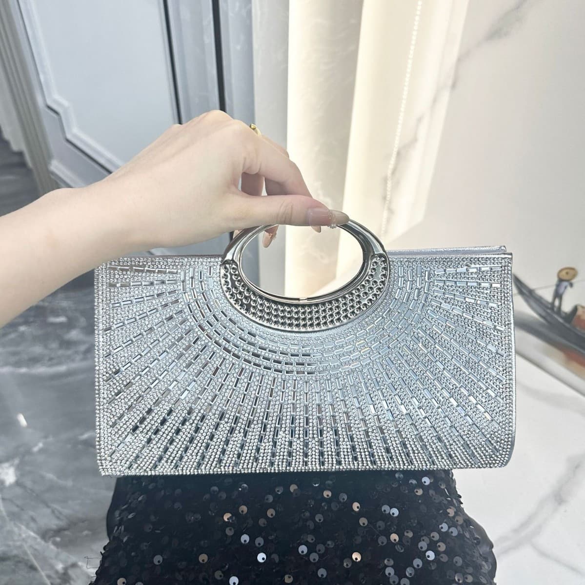 European and American retro large ring clutch bag high-end texture diamond flash bridal dinner bag party fashion small square bag