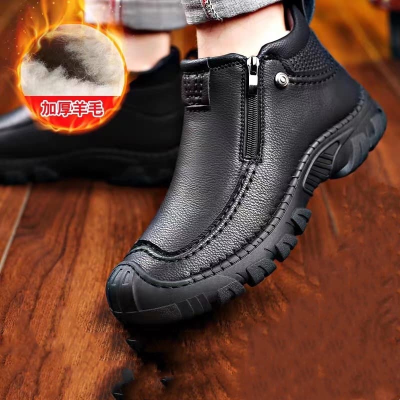 2024 Winter New Thickened Cotton Shoes for Men, Wool Fur Lined Warm Winter Shoes, Casual Business Leather Shoes