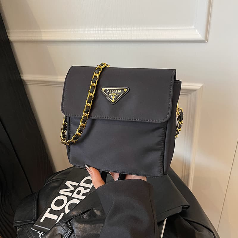 P-Style Triangle Logo Premium Black Versatile Textured Solid Nylon Handbag Flap Shoulder Crossbody Bag Underarm Bag