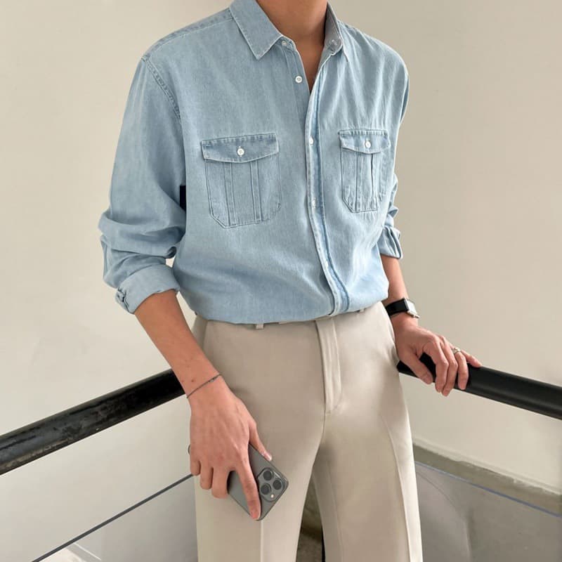 BJ Workwear Long Sleeve Shirt Men's Autumn Korean Style Loose Blue Shirt Japanese Retro Casual Denim Shirt