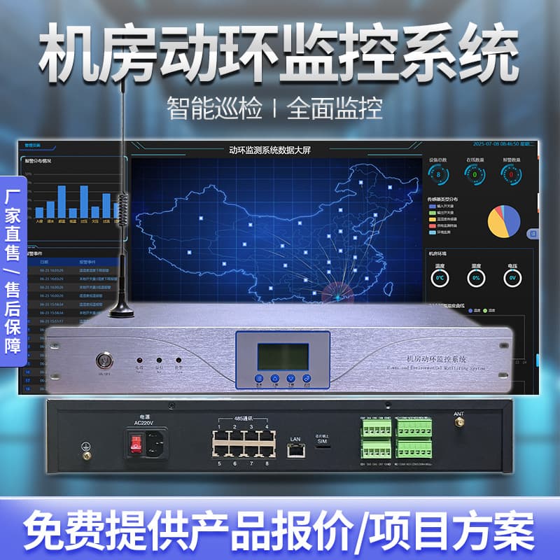 Environmental monitoring system: temperature, humidity, water leakage, mains power detection, smoke detector, power distribution room, and environmental alarm host.